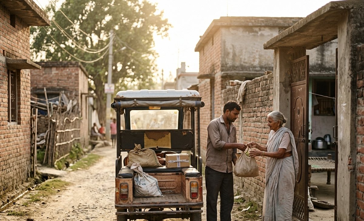A driver handing a bag of groceries to a woman at her gate in a village lane